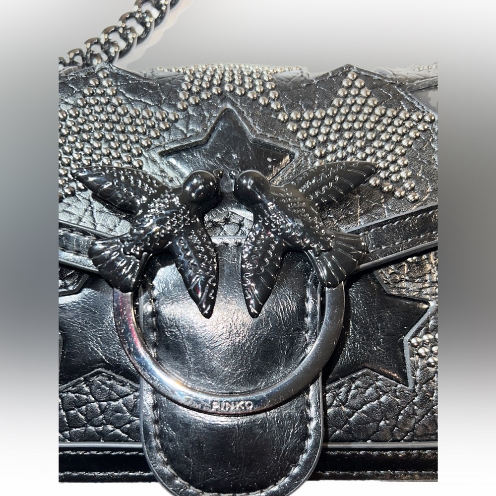 Pinko Crossbody Starry Skies Love Stud Black Leather Bag Silver Chain 8”x5” - Picture 9 of 15